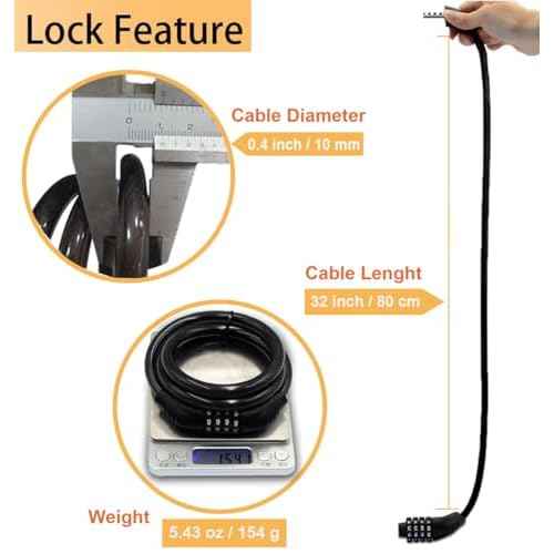 Long Coiled Security Resettable Combination Bike Cable 4 Digit Lock, Anti-Theft Accessories for Mountain and Road Bike, Electric Bicycle, Scooter, 32 inch