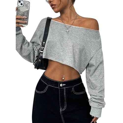 Remidoo Women's Off the Shoulder Cropped Sweatshirt Asymmetrical Neck Long Sleeve Crop Tops