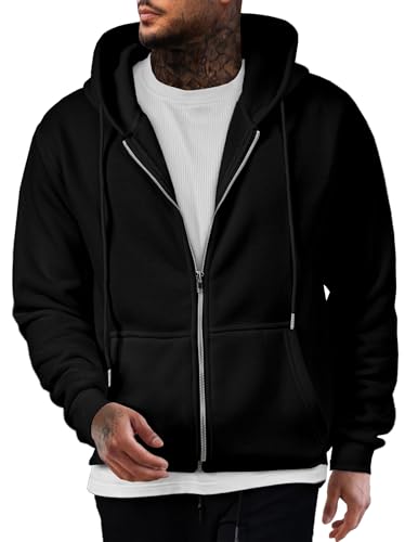 Men's Oversized Full Zip Hoodie Sweatshirt with Fleece Lining - X-Large Black