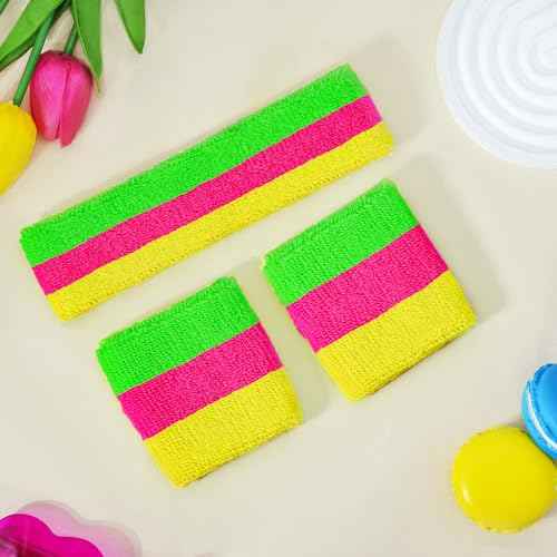 Ronglry 80s Neon Sweatbands Set 80s 90s Outfits for Women Sports Wristband and Headband Neon Sweat Band 80 s Accessories for Women Sweatband for Glow Party Supplies Halloween Costume