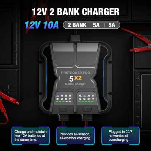 2 Bank Marine Battery Charger 5X2, 10A (5A/Bank) - 12V Waterproof Onboard Battery Charger, Battery Maintainer & Desulfator for SLA/AGM, Lithium (LiFePO4), Calcium & Deep-Cycle Battery- Charged 24/7