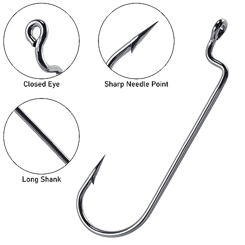 Dr.Fish 100 Pack Round Bend Worm Hooks - Freshwater Bass Fishing, EWG, Carolina & Texas Rig