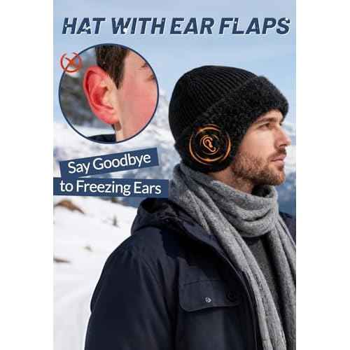 Zando Mens Winter Hat with Ear Flaps - Warm Thermal Fleece Lined Beanie, Stocking Caps, Knit Trapper Hats for Cold Weather