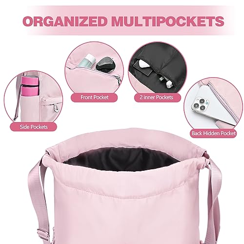 Pink Medium Drawstring Backpack with Wet Pocket for Women - Sports Gym Sack