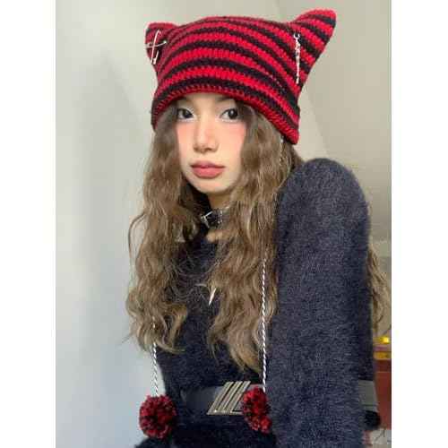Y2k Beanies Crochet Knitted Cat Hats Goth Cross Devil Hat Striped Alt Emo Accessories Grunge Y2k Aesthetic Clothes