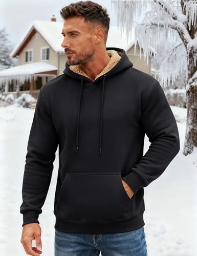 Men's Heavy Sherpa Fleece Hoodie Pullover - Thick Winter Hooded Sweatshirt, X-Large, Black