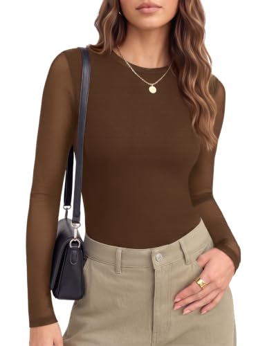 Ekouaer Women's Mesh Long Sleeve Top Fall Fashion Crew Neck Slim Fit Shirt - Small, Brown