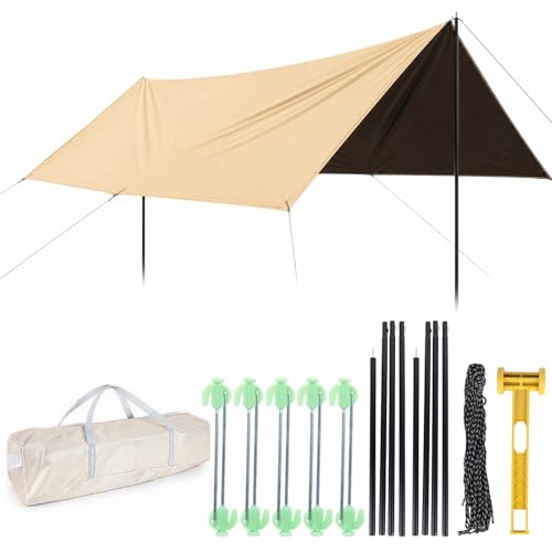 Gold Waterproof Camping Tarp Hammock Rain Fly 14.7x14.7ft with Poles - Multifunctional Tent Shelter