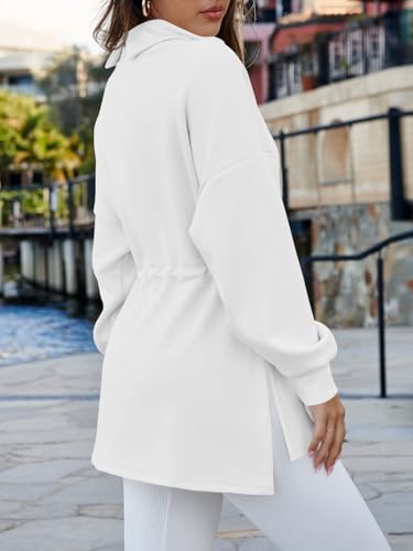 Women's Turtleneck Sweatshirt with Side Slit & Drawstring Waist - White, Large