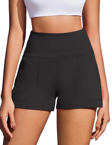 PINSPARK Women's High Waisted Athletic Shorts Wide Leg Yoga Workout Shorts Medium Black