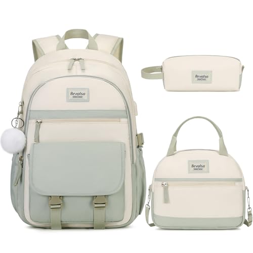 Girls Backpack Set with Lunch Box and USB Port - Green Beige, 17.3 Inch