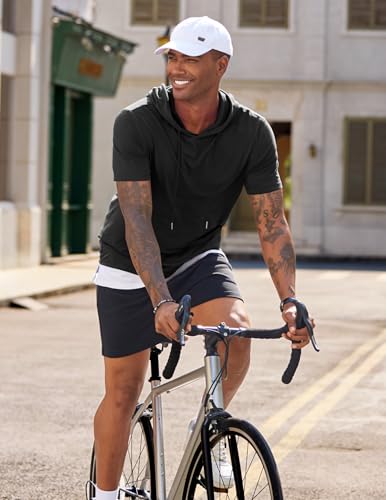 Men's Short Sleeve Hoodie T-Shirt with Pocket - Lightweight & Comfortable, Medium Black