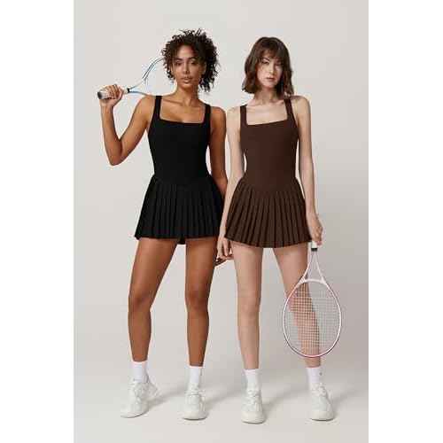 QINSEN Womens Square Neck Tennis Dress Pleated Sleeveless Built in Shorts Golf Athletic Dress with Pockets