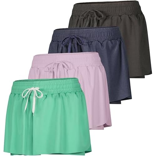 Real Essentials 4 Pack:Womens Flowy Dry Fit Running Short - Spandex Underneath Workout Summer Shorts (Available in Plus Size)