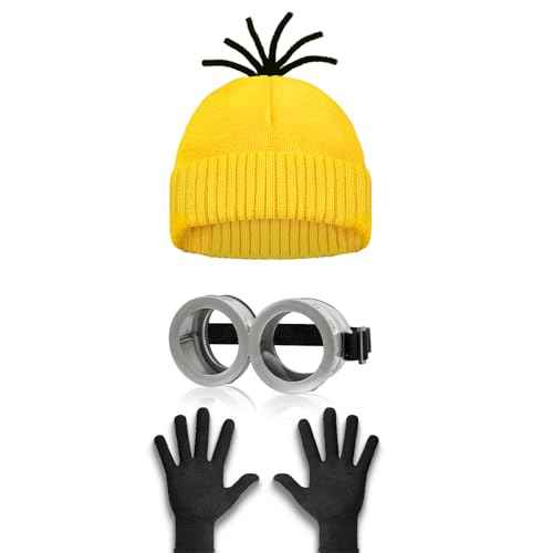 3 PCS Halloween Costumes for Men Women Adults, Yellow Beanie, Steampunk Goggles, Black Gloves, Halloween Party
