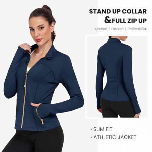 Women's Lightweight Zip Workout Jackets - Medium Dark Blue Gold Zip