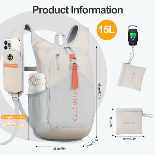 Lightweight 15L Hiking Backpack for Men & Women, Foldable Daypack - Beige