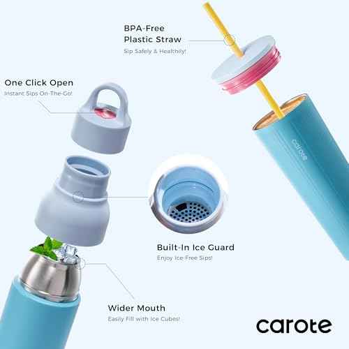CAROTE 19 oz One-Click Open Insulated Water Bottle & 21 oz Tumblers with Lid and Straw, Double-Wall Insulated Stainless Steel, Leakproof Lid with Handle, Essential for Travel, Sports(Vibrant Blue)