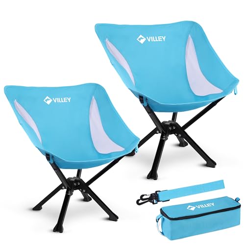 VILLEY Portable Folding Chair Lightweight Camping Chair No Assembly Needed, Quick Setup for Beach, Hiking, Supports 330 LBS, Blue, 2-Pack