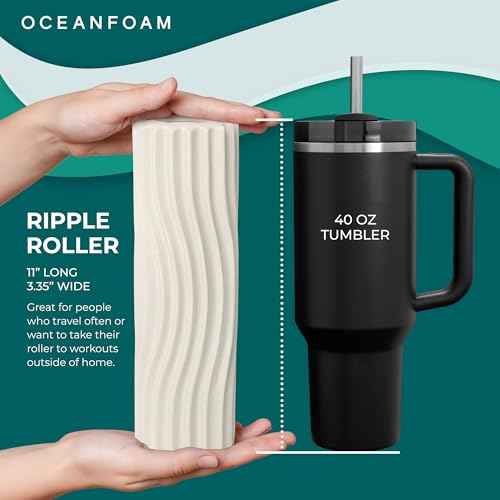 Oceanfoam Ripple Travel Foam Roller (11" x 3.35") Firm Mini Foam Roller for Physical Therapy, Deep Tissue Massage, Back Pain - High Density, Ergonomic Wave Textured - Yoga, Pilates, Exercise (Natural)