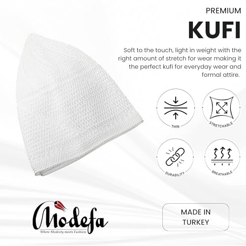 Modefa Islamic Premium Turkish Dervish Kufi Hats for Men - White, One Size