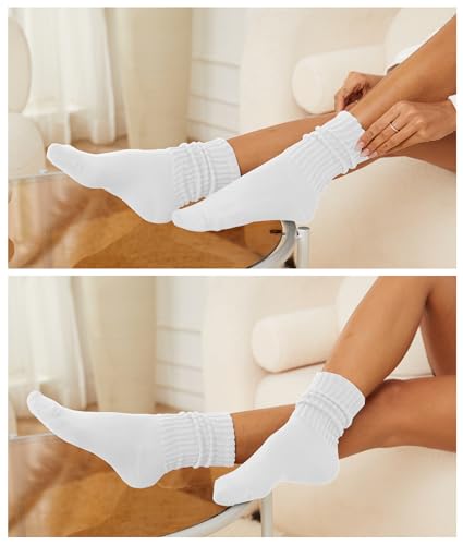 Women's Slouch Crew Socks 3 Pack - White, Cotton, Chunky Ribbed, Cozy Calf Socks, Size 5-11, One Size