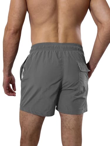Men's Quick Dry Breathable Nylon Swim Trunks with Liner & Pockets - Medium Grey