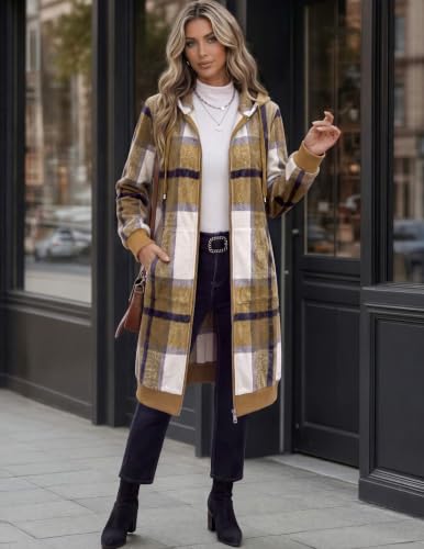 Women Casual Zip Up Fleece Hoodies Tunic Sweatshirt Long Jacket XL Khaki Plaid