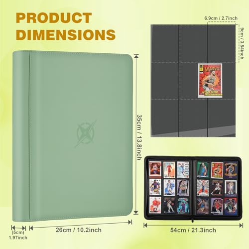 Trading Card Binder 9-Pocket, Holds 540 Cards, Premium PU Zip, Soft Green
