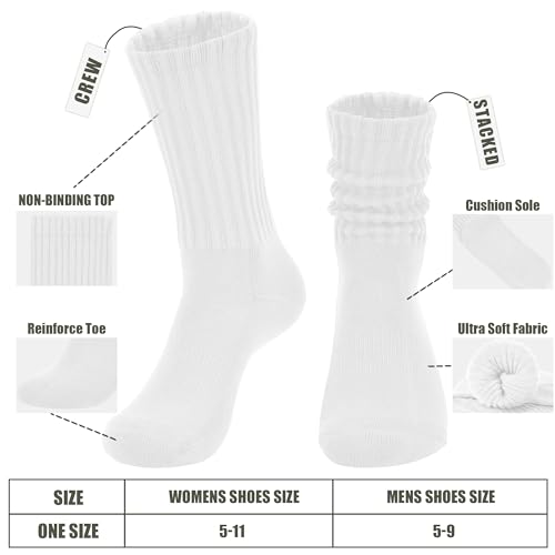 Women's Slouch Crew Socks 3 Pack - White, Cotton, Chunky Ribbed, Cozy Calf Socks, Size 5-11, One Size