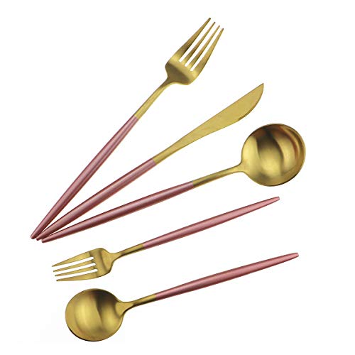 Pink Gold Flatware Set for 4 - 20 Pcs Matte Pink Handle Stainless Steel Cutlery