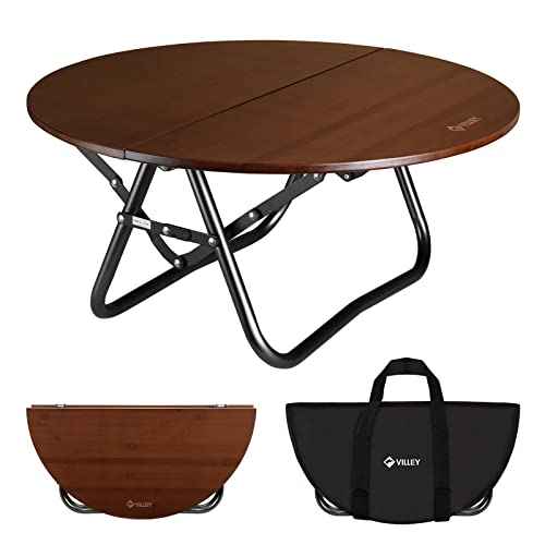 VILLEY Bamboo Round Folding Table, Camping Half-fold Portable Table with Carrying Bag for Indoor & Outdoor Picnic Coffee Barbecue Beach Card Game