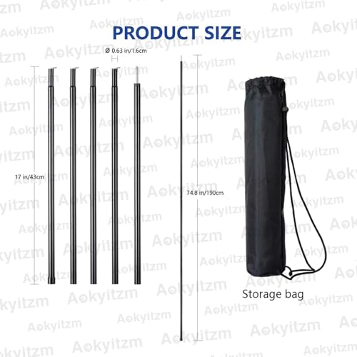Adjustable Tent Poles 74.8 Inches - Black, Sturdy & Rustproof Camping Accessories - 2 Pack