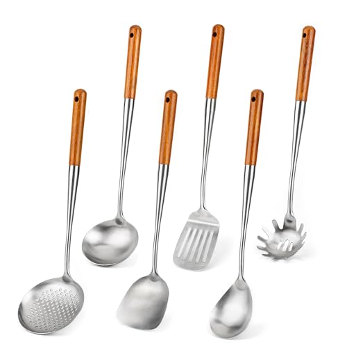 Walnut Handle Stainless Steel Kitchen Utensil Set - 6 PCS Cooking Tools