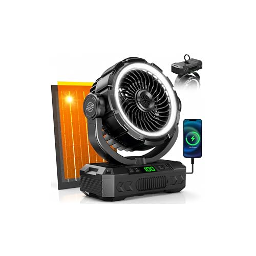 Ausic Rechargeable Solar Camping Fan & Oscillating Portable Fan with Lights - Black