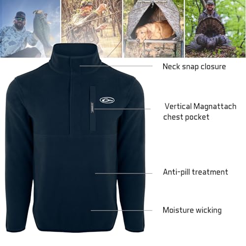 Drake Waterfowl Men's Camp 2.0 Fleece Pullover | Hunting Anti-Pill Moisture Wicking 1/4 Neck Snap Sweater with Chest Pocket, Navy, Large