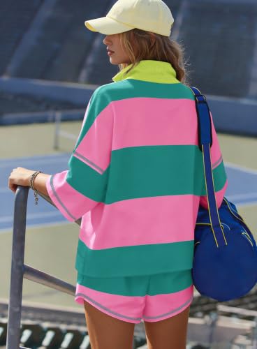 Yanekop Women's Striped Workout Set Two-Piece Lounge Athleisure Set - Hot Pink & Green, Medium