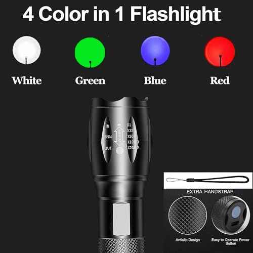 Powerful Red Flashlight, 4 Color in 1 LED White Red Blue and Green Lights, 4 Modes, Zoomable, Rechargeable, 2000 Lumen, Compact, Black, Aluminum, Water Resistant