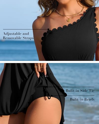 Charmo Womens One Shoulder Swim Dress - Black, Medium, Scalloped Bathing Suit