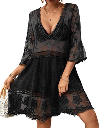 Women Lace Swim Cover Up Dress - Black, One Size Beach Vacation Style