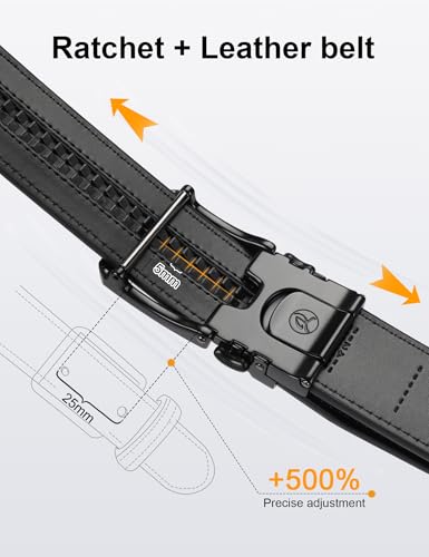 Men's 1.5 Inch Leather Ratchet Belt in Gift Box - All Black, Small 28-36 Inch