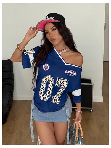 SOLY HUX Women's Y2K Oversized Jersey Graphic Shirt Medium Blue