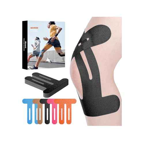 Precut Kinesiology Tape for Knees, 12 Pcs Kinesiology Tape for Knee Pain Relief Athletic Tape, Breathable & Latex-Free Waterproof Knee Tape Hypoallergenic Elastic Sports Tape, Black