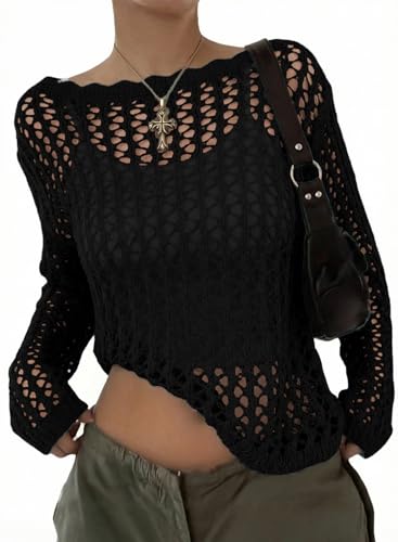 EVALESS Long Sleeve Crochet Top for Women Hollow Out Knit Sweater Small Black