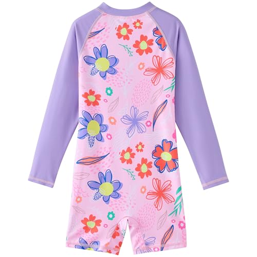 Girls Long Sleeve Rash Guard One‑Piece Bathing Suit - Pink Sunflower, 6 Years