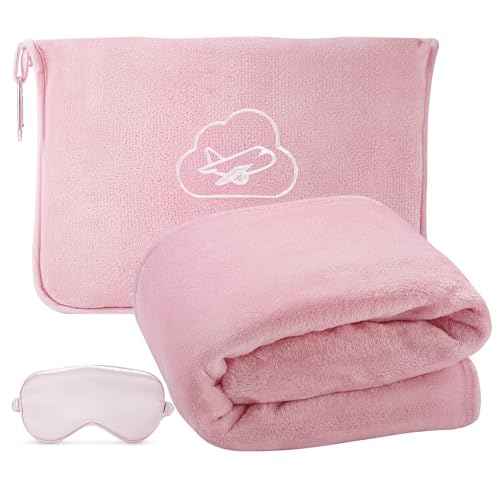 Travel Blanket, Airplane Blanket with Bag, Ultra-Soft, Warm & Lightweight, 65x40 in, Outdoor Blanket Essentials for Women, Men & Kids, Included Eye Mask, Luggage Sleeve & Backpack Clip