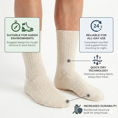 Men's Wool Winter Socks - 3 Pairs Natural Pure Warm Boot Socks - Cream