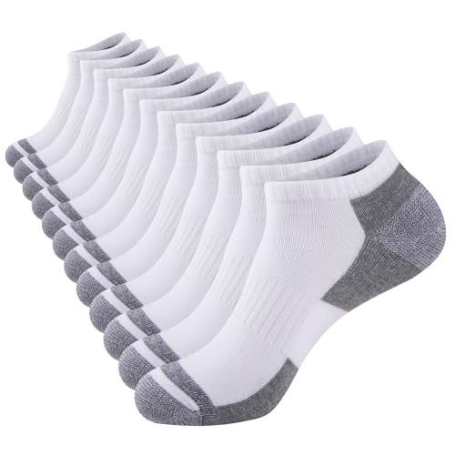 Mens Cushioned Ankle Socks - 12 Pack Low Cut Breathable Casual Socks, White, Size 6-11
