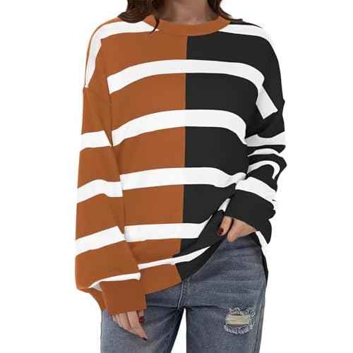 Zeagoo Womens Striped Oversized Sweater 2025 Crew Neck Long Sleeve Knitted Color Block Casual Loose Pullover Top
