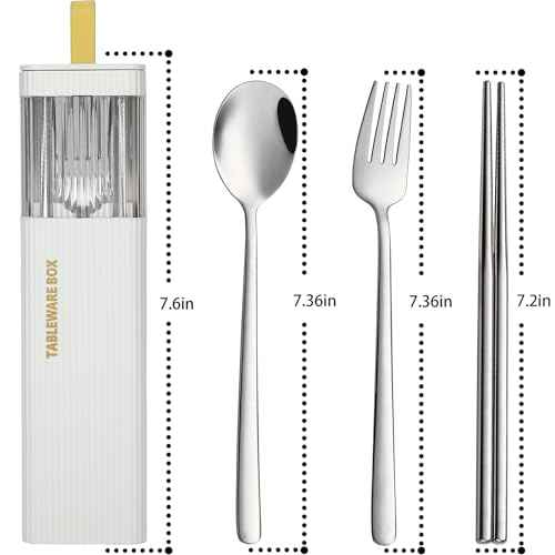 DEVICO Travel Utensils with Case, Stainless Steel Reusable Camping Silverware Set for Lunch Box, Portable Cutlery Kit Includes Fork, Spoon, Chopsticks (White)